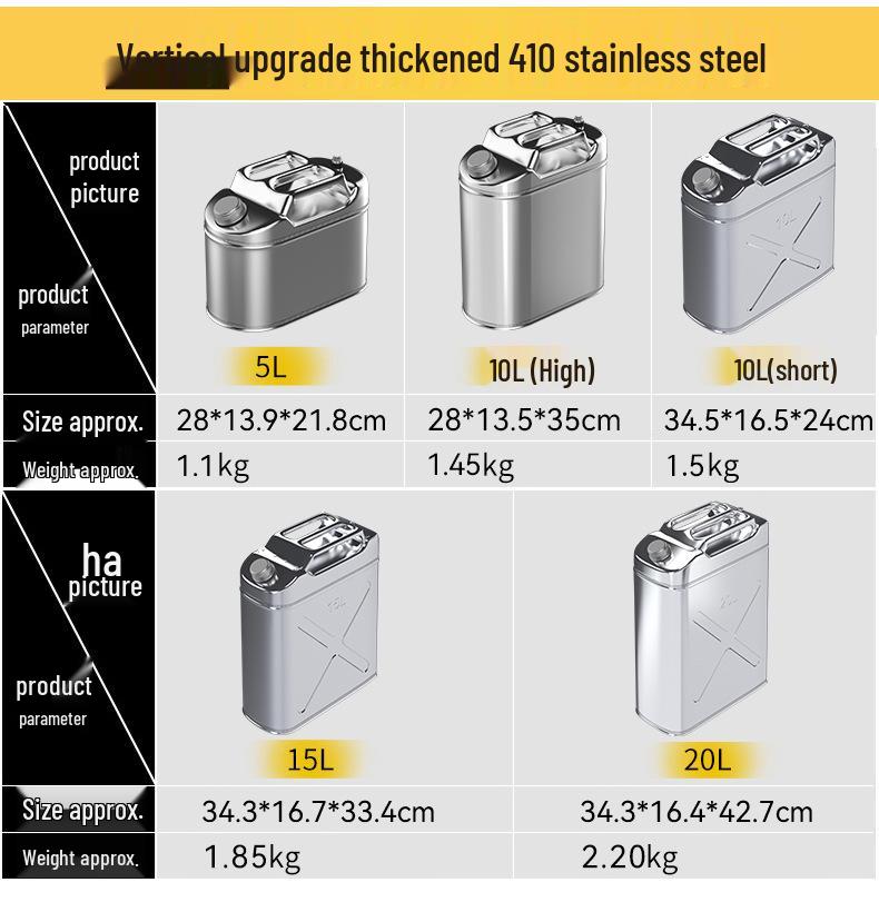 Stainless Steel Fuel Can - 304 Gasoline & Diesel, 10L/20L/30L, Thickened Portable Car Spare Tank