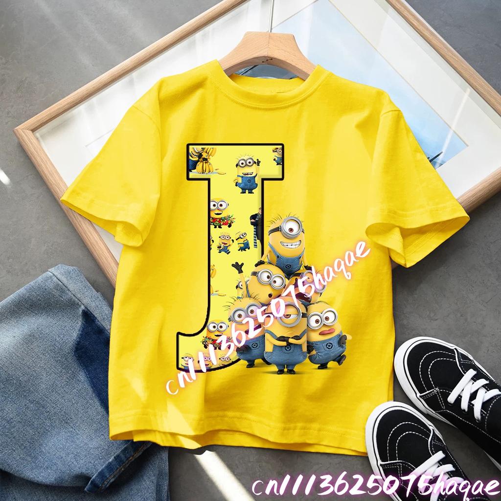 2026 Minions Letters AZ Tshirt Female Funny 26 Capital Print Tshirt Gothic Kawaii Neck Tops Summer Kawaii Gift Tops Boys