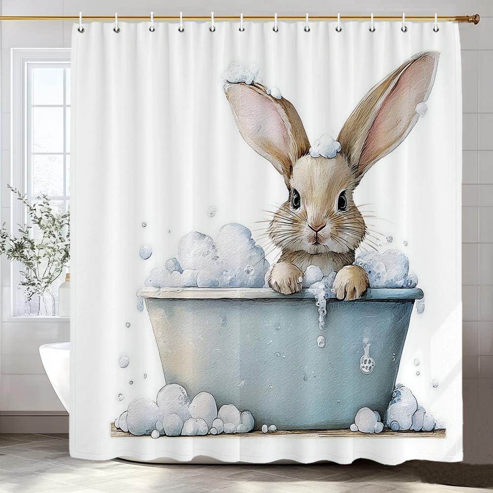1pc Cartoon Cute Rabbit Bathing in Bathtub Print Waterproof Shower Partition Privacy Hanging Curtain with Hooks Machine Washable