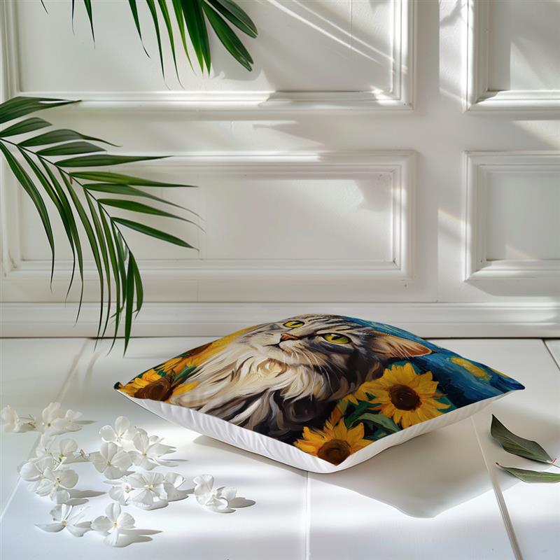 1Pc Cat And Sunflowers Oil Painting Cushion Covers Polyester Pillow Cover For Home Sofa Chair Bed Car Party Table Decoration