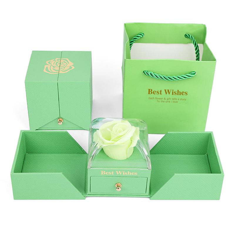 Jewelry Packaging Box Double Open Gatefold Rose Flower Gift Box with Drawer Custom Logo Velvet Ring Earring Necklace Case