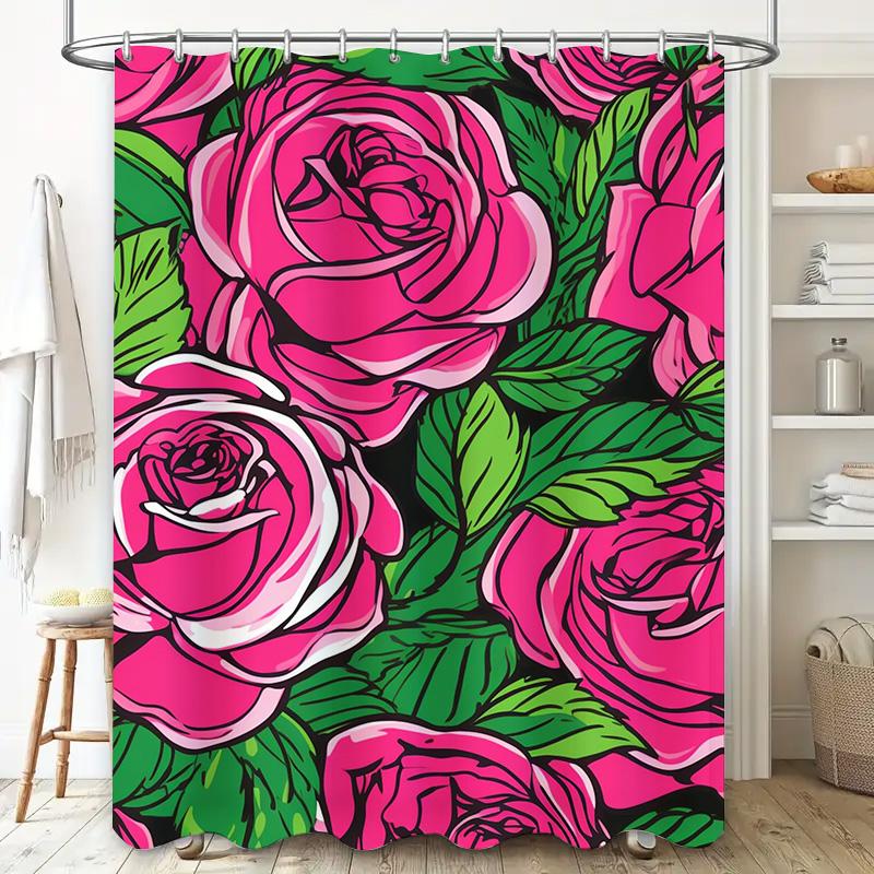 Vibrant Pink Rose Shower Curtain Bold Floral Print Bath Decor for Bathroom Remodeling Extra Long Water Repellent Fabric 72x84 In