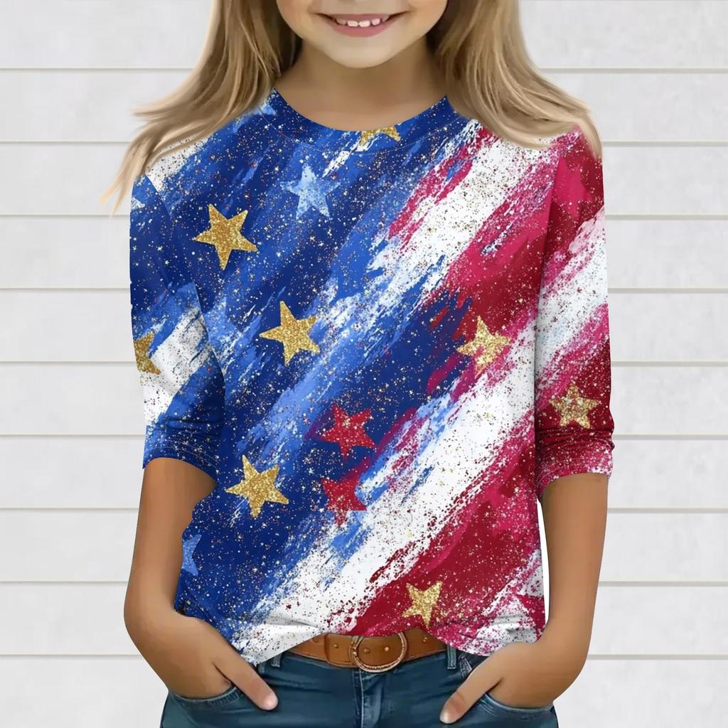 Topuri cu imprimeu pentru fete tinere 3-10 ani Gât rotund Mâneci 3/4 Tricouri Topuri la modă Ținută Tricouri