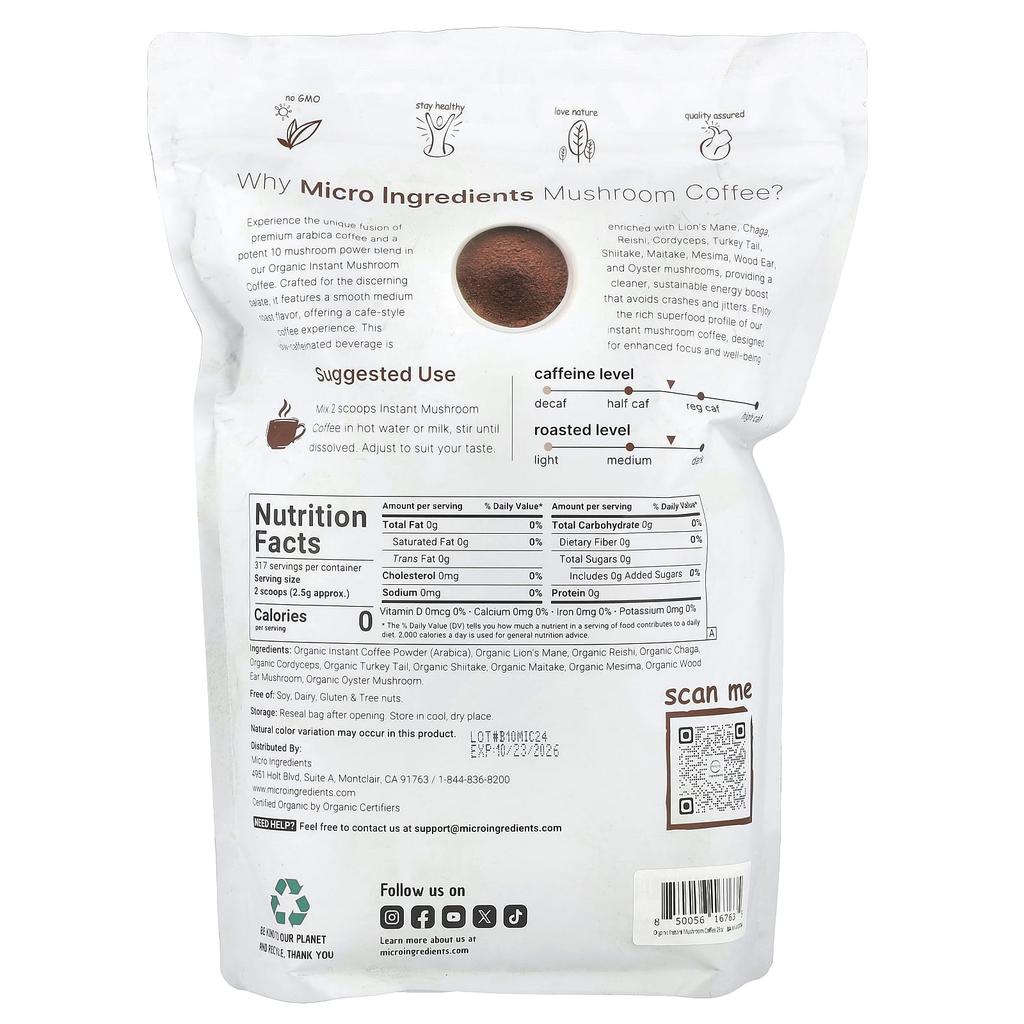 Micro Ingredients Organic Instant Mushroom Coffee, 28 Oz (793 G)
