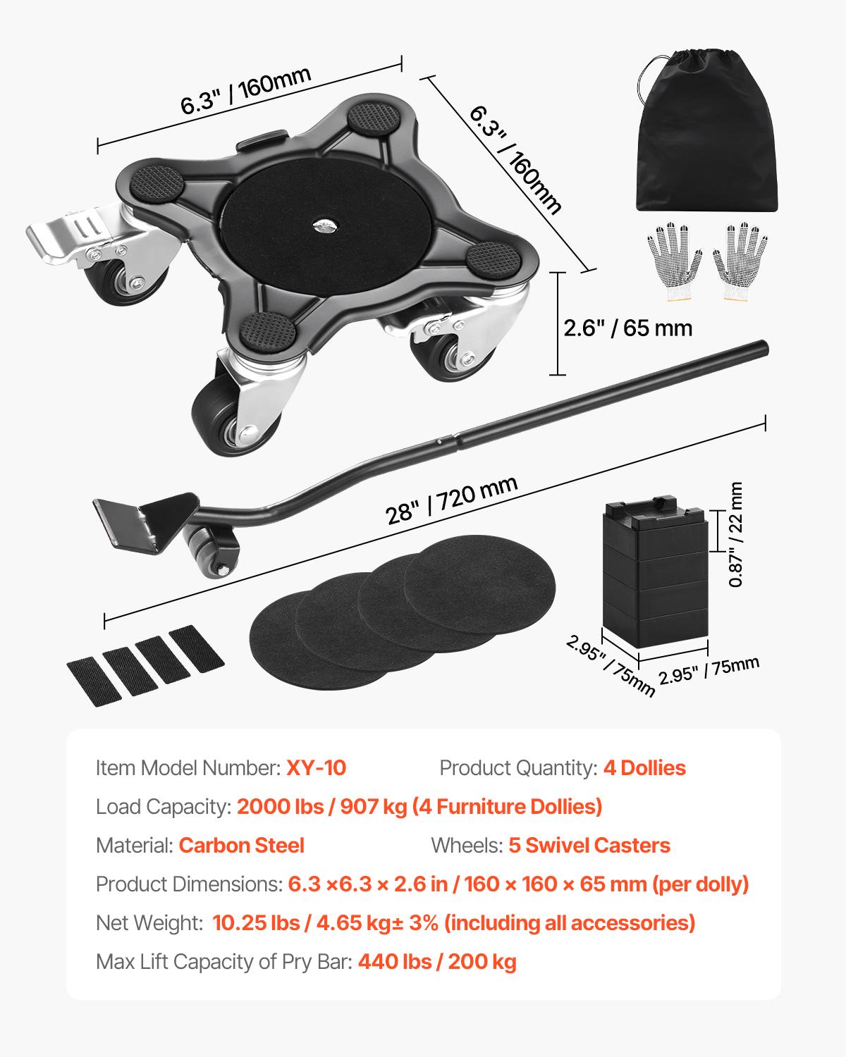 

SucceBuy 4pcs Furniture Dolly Movers with Carbon Steel Panel Fridge Sofa Lift Slider Tool Set for Home Appliance Washing Machine