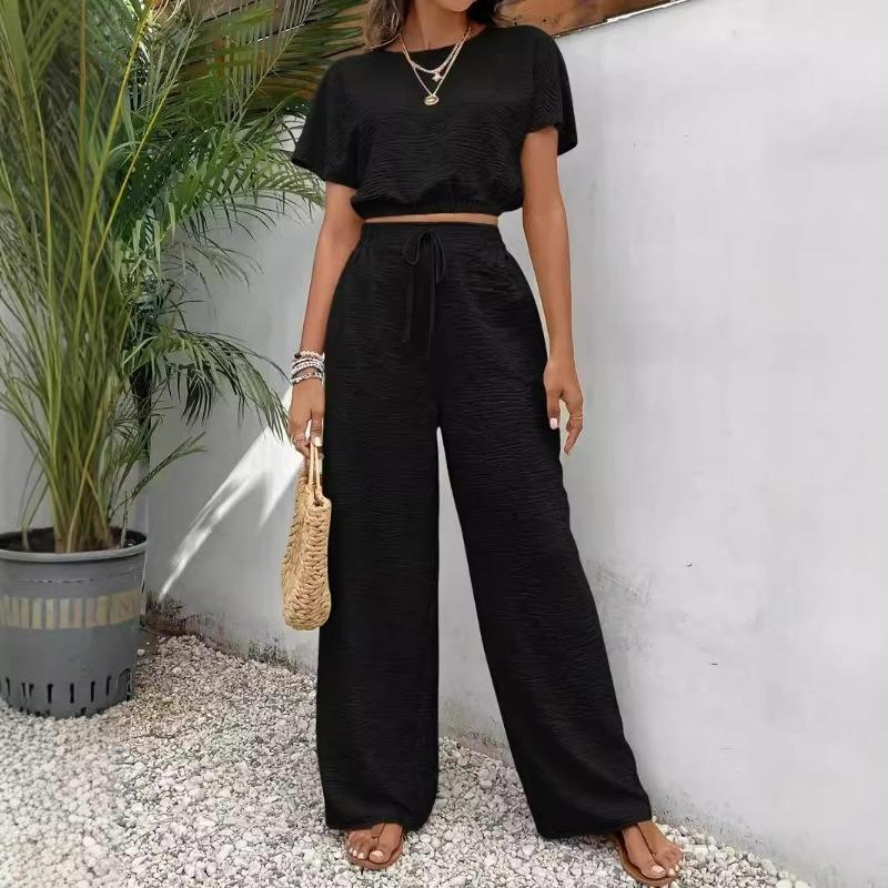Women's 2 Piece Outfit Short Sleeve Top and High Waist Wide Leg Pants Casual Summer Lounge Set