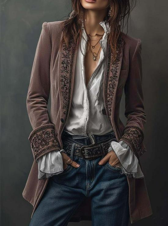2025 Women's Long Sleeve Solid Color Velvet and Lace Patchwork Jacket