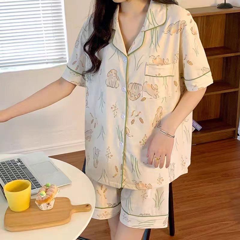 Can Wear Pajamas Women's Summer Cute Cartoon Bear Cotton Short-sleeved Cardigan Loungewear Women's Suit