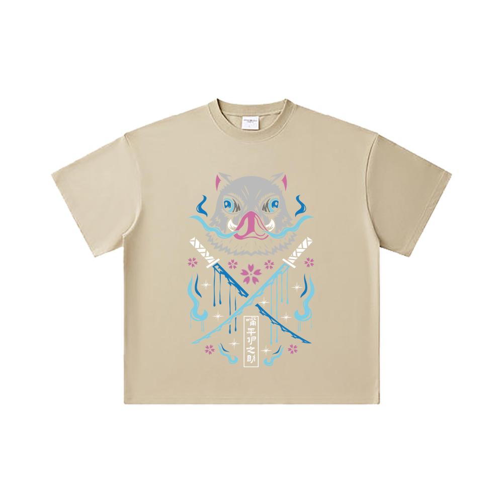 260 GSM Double Yarn 32 Count 100% Cotton Demon Slayer V97 Inosuke Print Unisex Heavy Cotton T Shirt