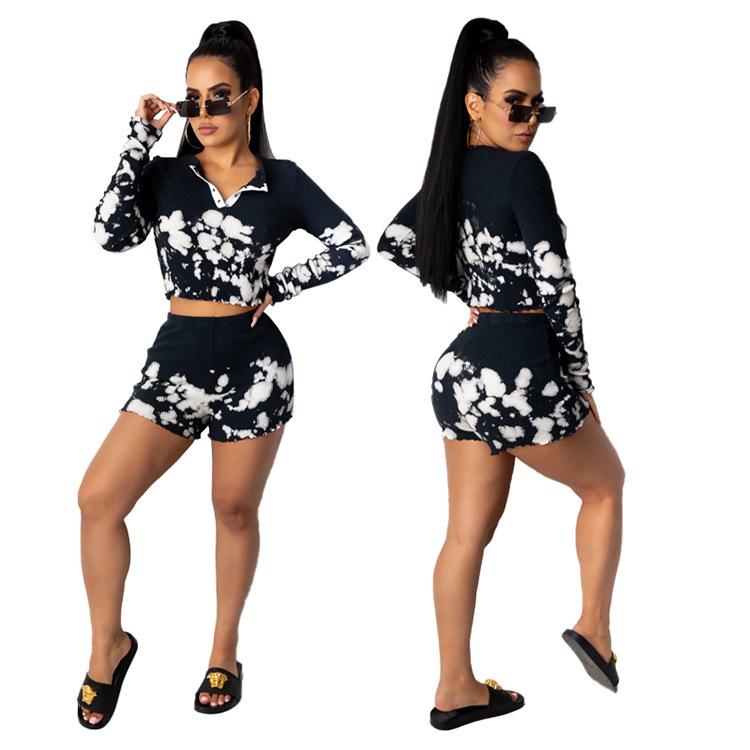 JH5817 Women's European & American Print Long-Sleeve Shorts Casual Two-Piece Set