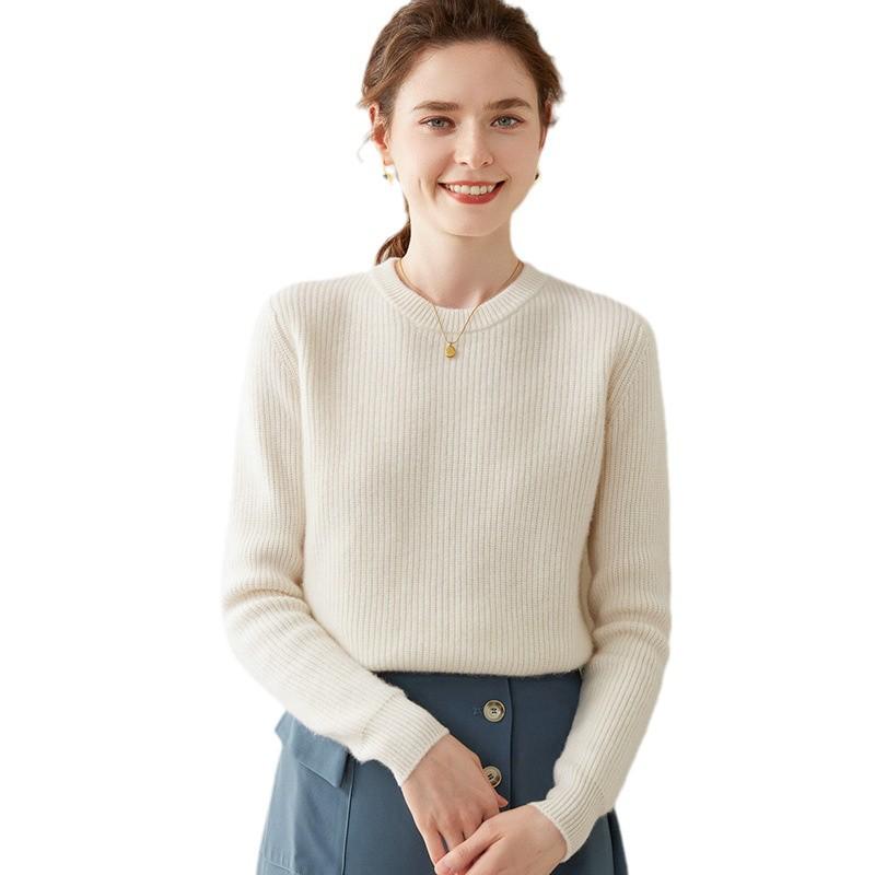 Women's Striped Cashmere Sweater - 2024 Autumn/Winter, Round Neck, Gentle Style, Loose Fit & Slimming, Short.