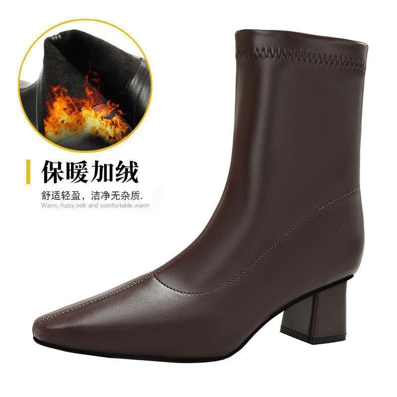 High-heeled short boots women's spring and autumn single boots 2025 new small square head thick heel thin boots brown French medium boots