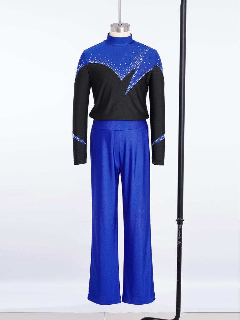 Kids Boys Figure Skating Outfit Mock Neck Long Sleeve Back Invisible Zipper Color Block Shiny Rhinestones Top with Elastic Waistband Pants Competition