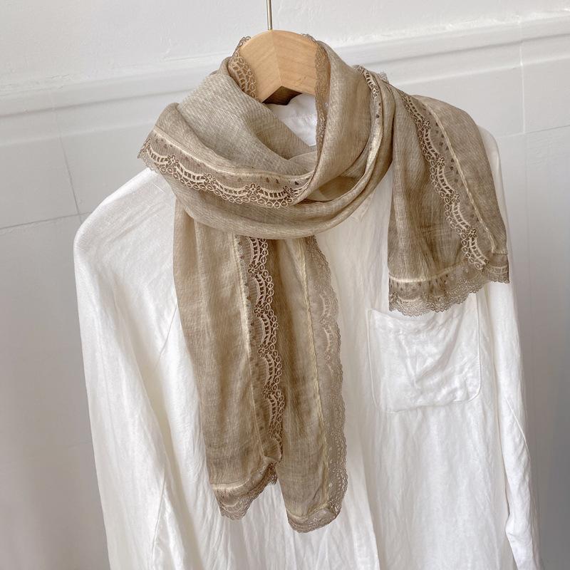 Retro Tie-dye Lace Edge Cotton and Linen Scarf Women's Spring Autumn Versatile Summer Thin Sunscreen Small Shawl with Short Yarn