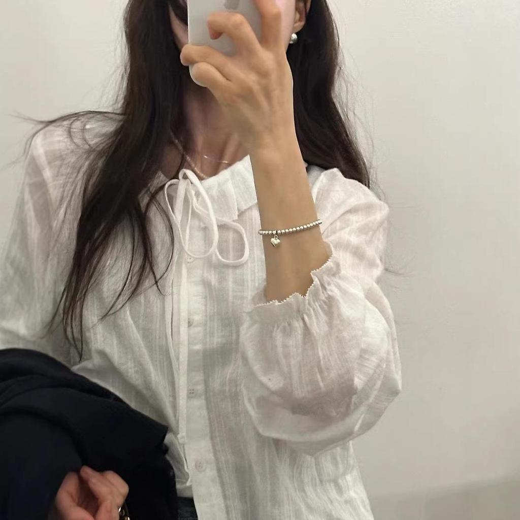Korean Chic Cotton Jacquard Ribbon Shirt & Cable Knit Vest Set for Women