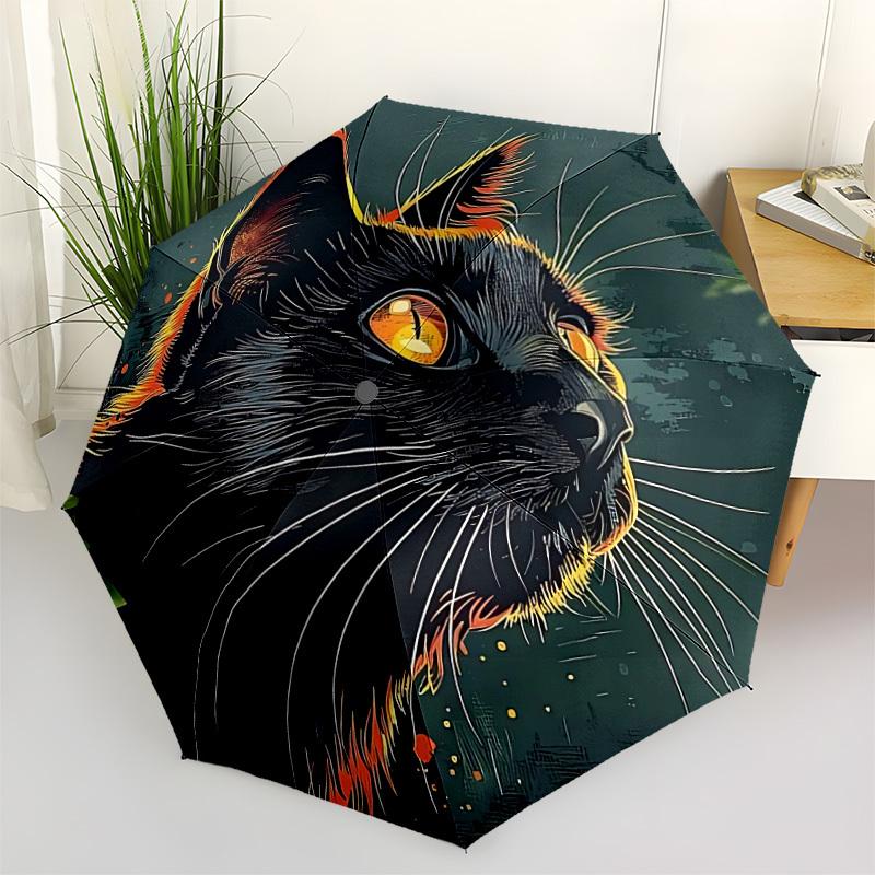 1pc Black Cat Automatic Folding Umbrella - 8-Rib Compact Travel Umbrella Durable & Portable for Outdoor Use, Perfect Gift for Birthdays003