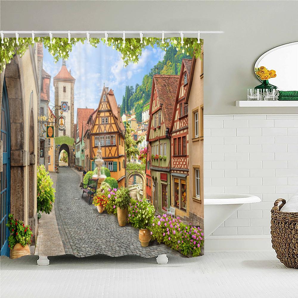 Flowers Scenery Waterproof Shower Curtains Rural Street Flowers Bathroom Curtains Polyester Fabric Washable Decor Bath Curtains