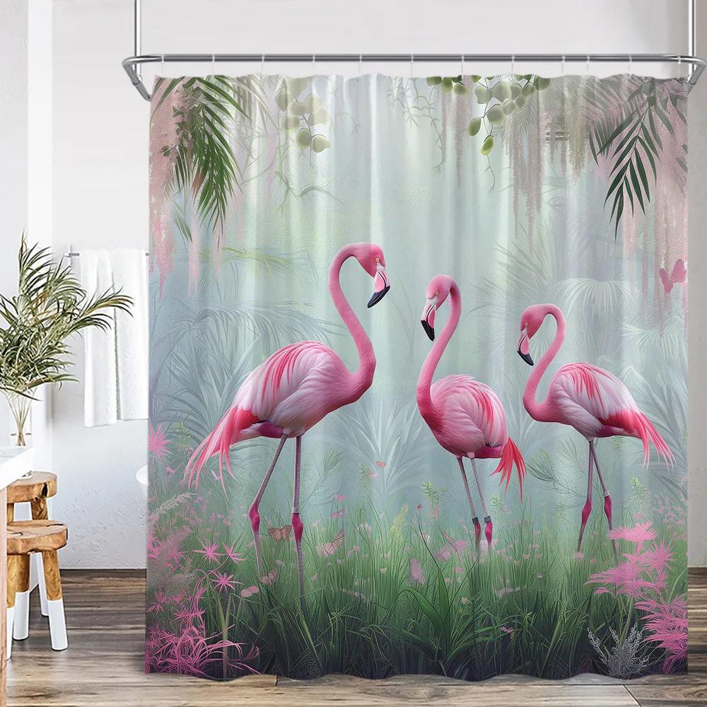 Flamingo Shower Curtain Set Pink Bird Tropical Leaf Rainforest Jungle Bathroom Decor Spring Summer Bath Mat Toilet Lid Cover