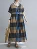 Women Cotton and Linen Dress Vintage Plaid Print O Neck Half Sleeves Side Pockets Robes Casual