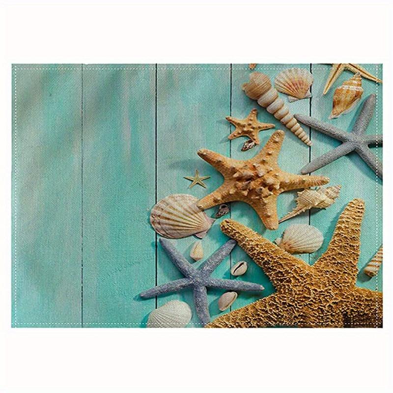 1pc Vintage Ocean Style Encrypted Linen Placemat, Summer Style Seahorse/Starfish/Seashell/Conch Table Mat, Tabletop Protection