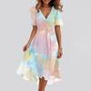 Women's Summer Texture Printed Casual Wrap V Neck Ruffled Hood Short Sleeves Belt A-Line Ruffle Hem Midi Sundress