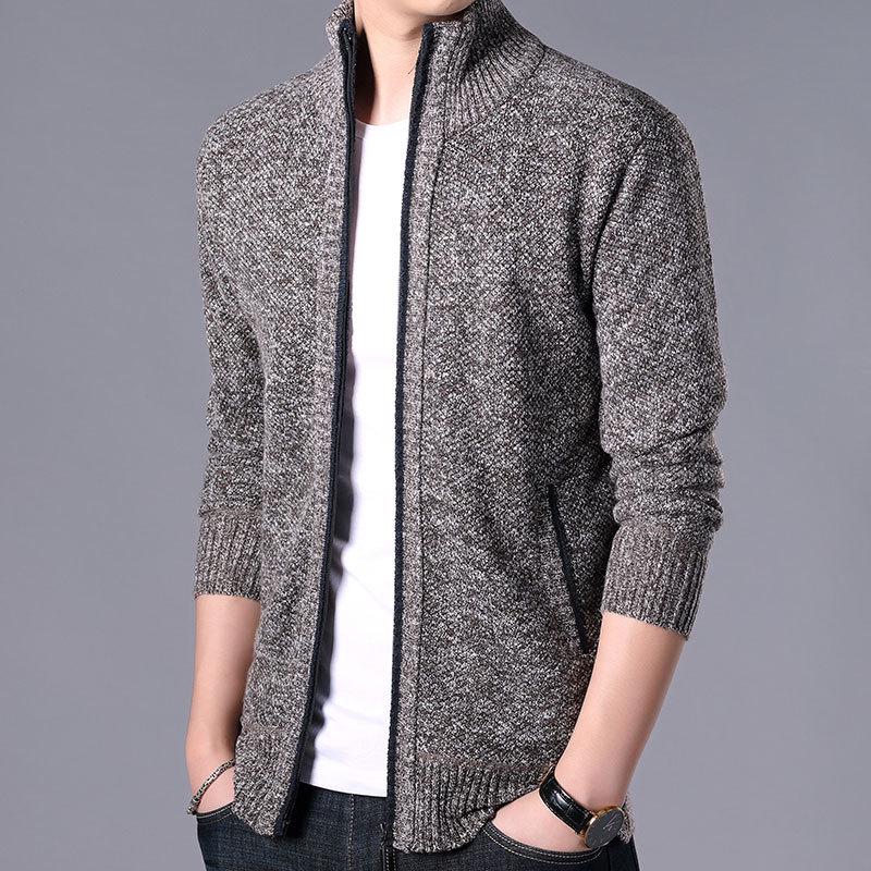 

Men s Korean Style Loose Plus Size Fleece-Lined Cardigan Sweater - Solid Color, Autumn/Winter XXXL кавовий