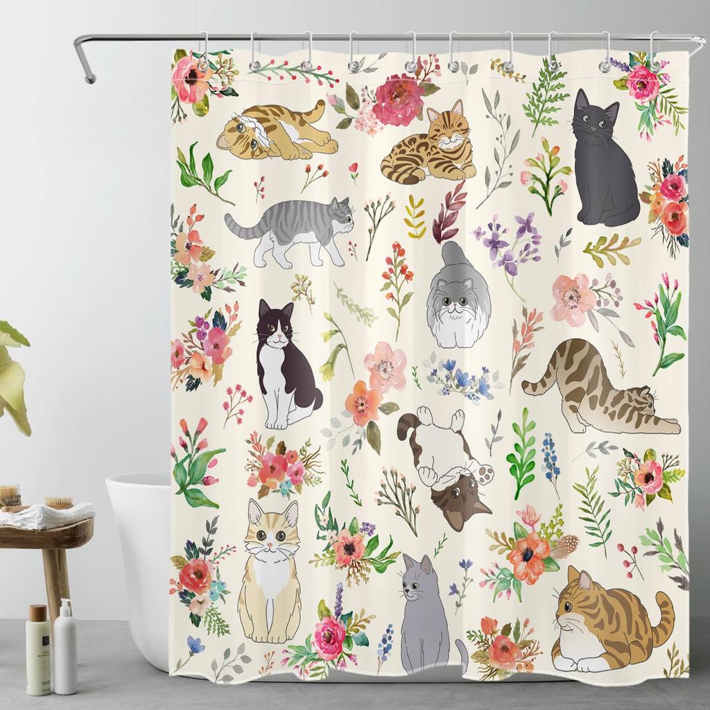 Boho Green Botanical Shower Curtain for Bathroom, Nature Plant Flower with Funny Black Cat Fabric Shower Curtain, Rustic Country
