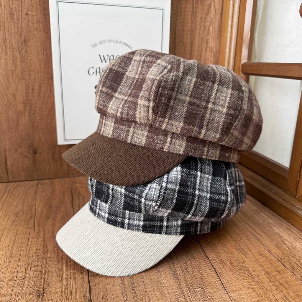 Retro literary and artistic plaid woolen splicing octagonal hat women's fashion versatile temperament newsboy hat showing face little painter hat