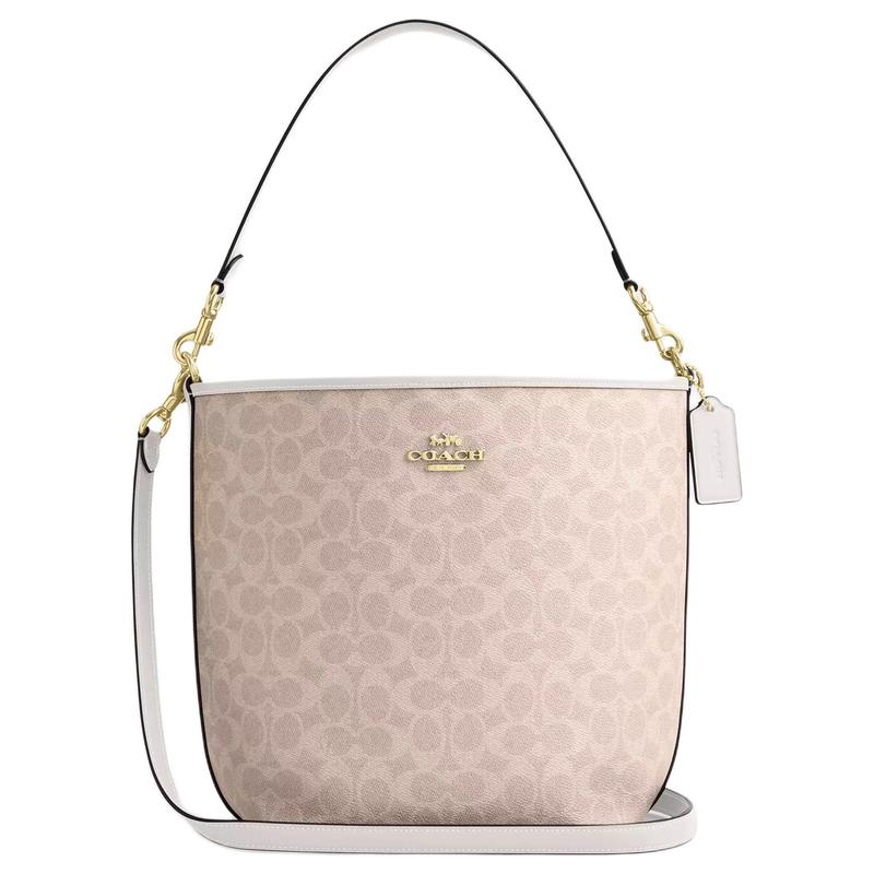 COACH City Bucket 34 Logo Magnetic Closure Coated Canvas Bucket Shoulder Bag Large Women's Sand and Chalk