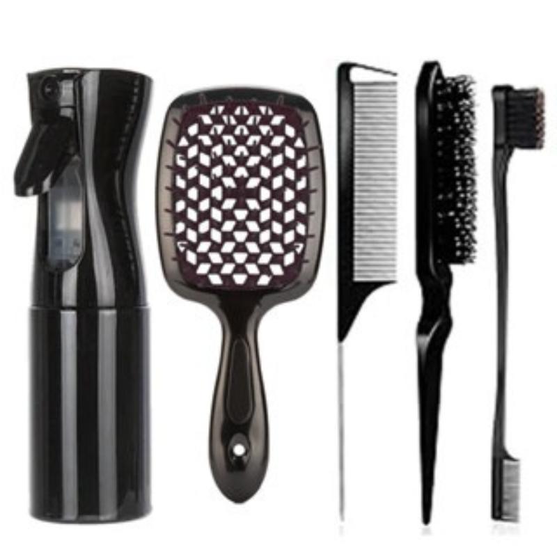 5pcs Hair Tool Set Air Cushion Hollow Comb Scalp Massage Rat Tail Comb Teasing Comb Edge Control Brush Hair Spray Bottle Salon