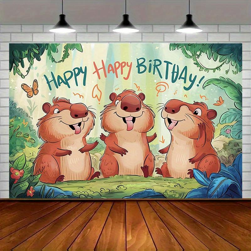 1 Logo de fiesta de cumpleaños de Capibara - Fondo de poliéster vibrante con las palabras "Feliz Cumpleaños", decoración de fiesta de cumpleaños