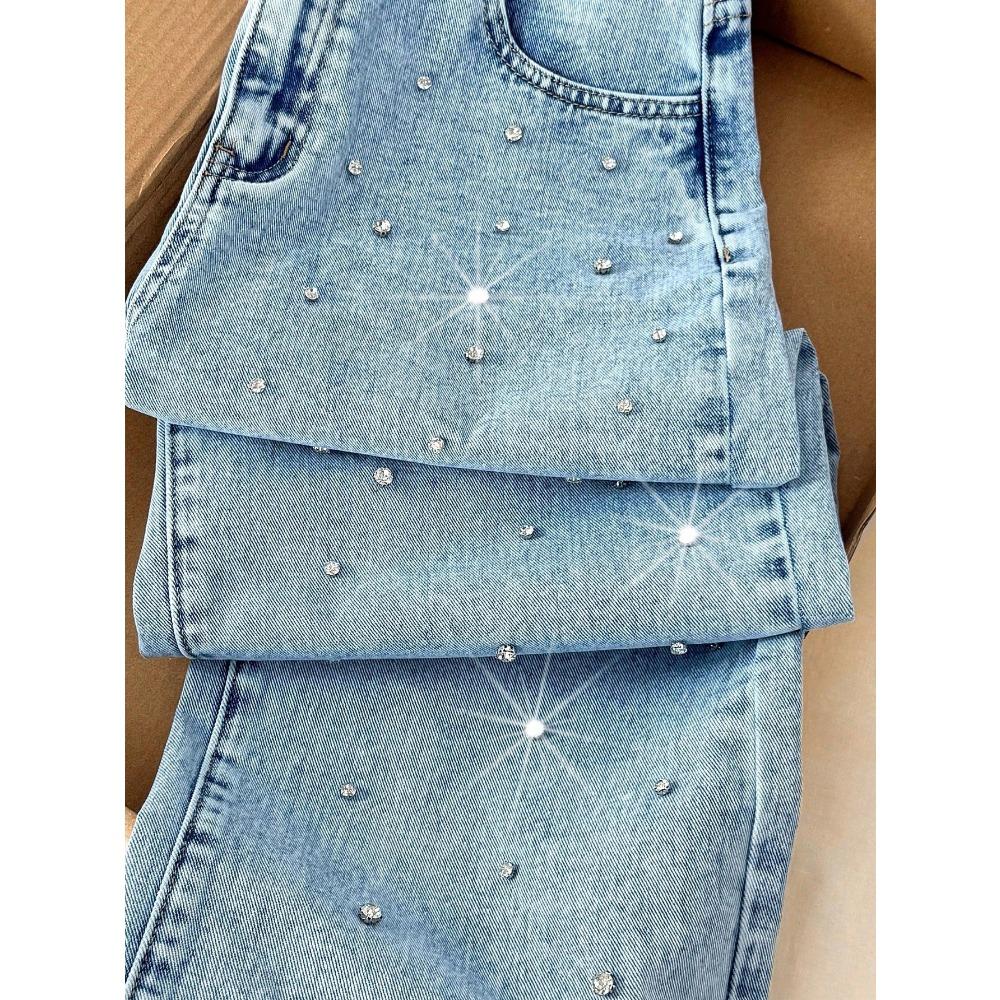 Damen High Waist Weite Beine Hose Locker Gerades Bein Strass Nieten Jeans Uni Helle Waschung Non Stretch Denim Lang Lässig Sommer Hose
