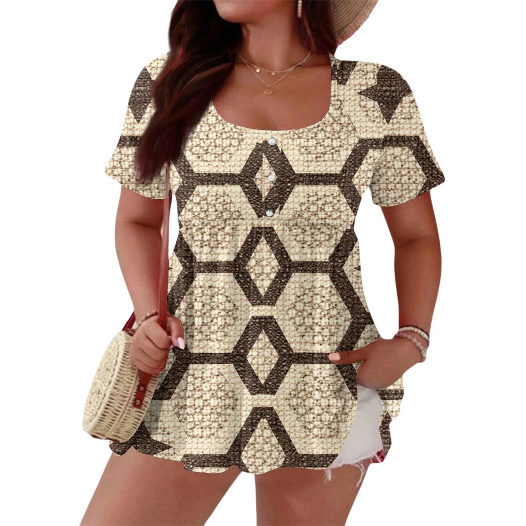 Women's Fashionable Casual Short Sleeve Loose Fit Button Front Printed Blouse