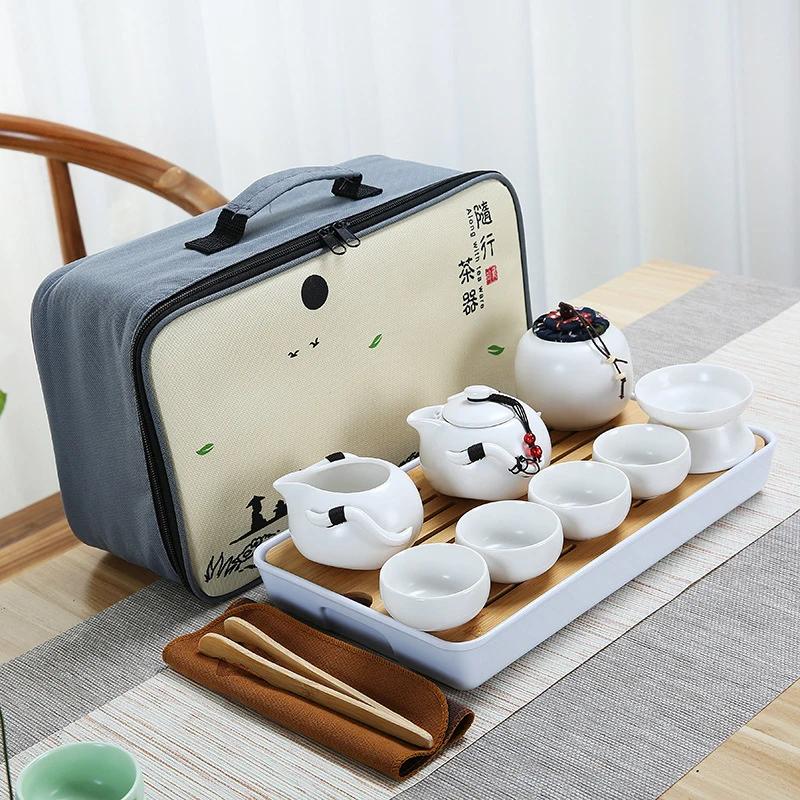 Ceramic Teapot One Pot Four Cup Outdoor Travel Kung Fu Tote Bag Set  Teaset Chinese Tea