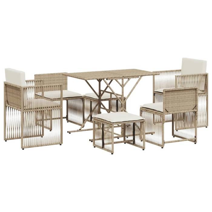 VidaXL 7-piece Beige Poly Rattan Garden Dining Set and Cushions, Outdoor Dining Set, Dining Furniture of 369013