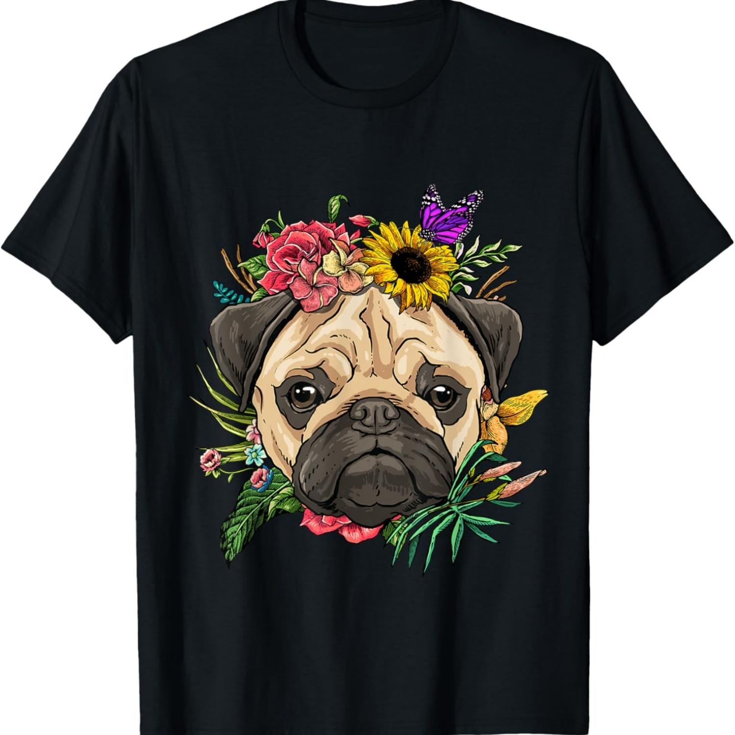 Pug Shirt Dog Pug Face Flower Pug Lovers Owners Pug Mom Dad T-Shirt S чёрный