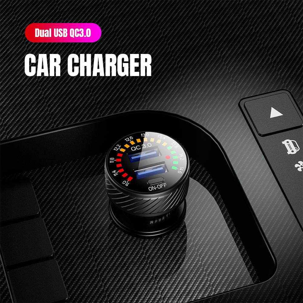 12/24V Dual USB Car Charger QC 3.0 Waterproof 18W Fast Charging Marquee Light LED Voltmeter ON OFF Switch Car-charger Adapter