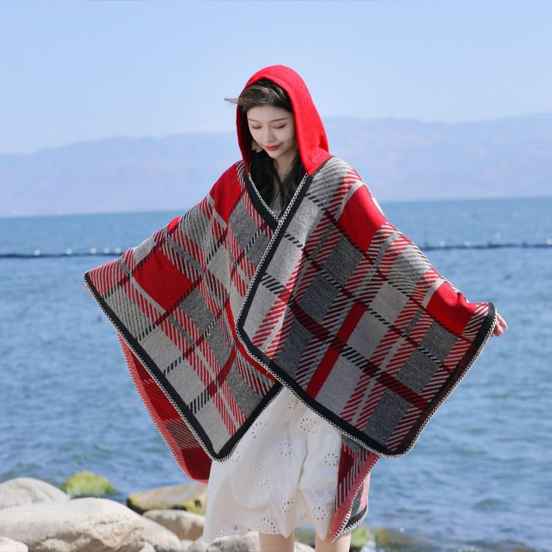 Warm Thick Plaid Hooded Cape Shawl Women Winter Cozy Wrap Scarf Lightweight Blanket Coat