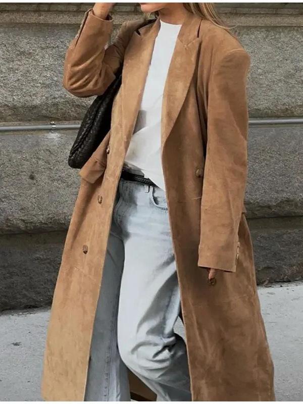 Available: Women's European and American Style Double-Breasted Faux Suede Long Coat with Collar and Long Sleeves