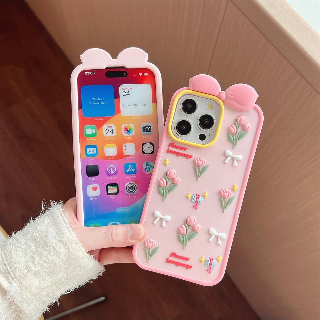 For iPhone 16 Pro Max Silicone Case Cute 3D Tulip Design Shockproof Phone Back Cover with Lanyard
