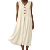 Sleeveless V Neck Midi Dress for Women with Front Pleat and Decorative Button Loose Fit Casual Style