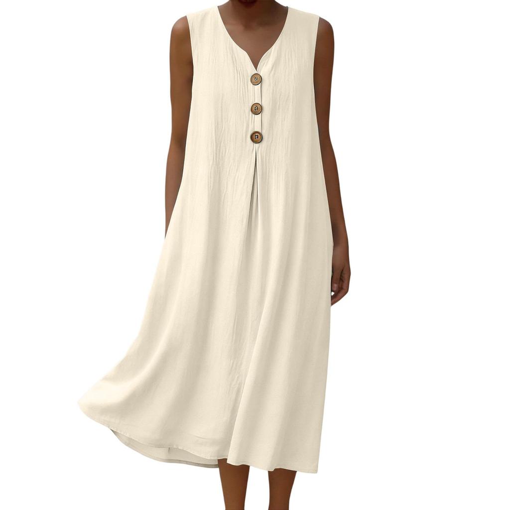 Sleeveless V Neck Midi Dress for Women with Front Pleat and Decorative Button Loose Fit Casual Style