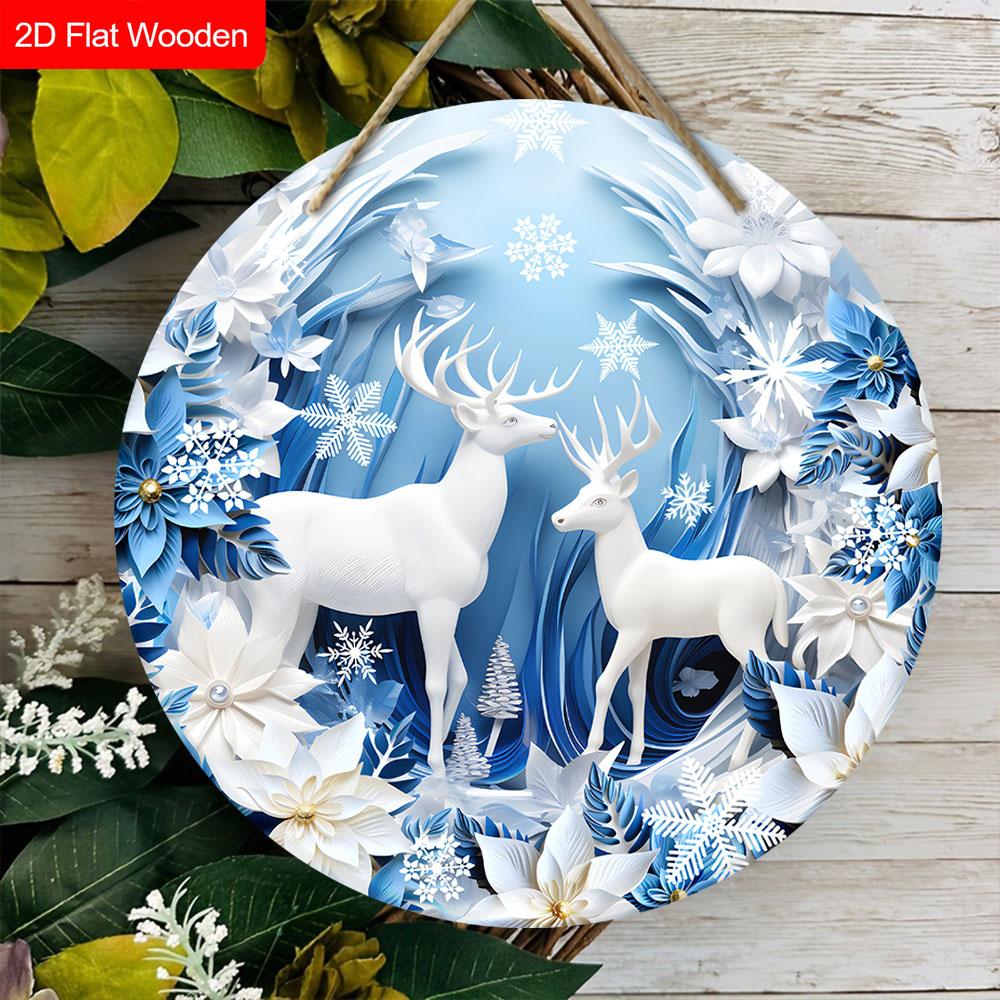 Warm Winter Wooden Christmas Sign with White Elk Pattern - Navidad Round Sign for Balcony, Front Door, Wall Hanging Decor - Ideal Christmas Decoration
