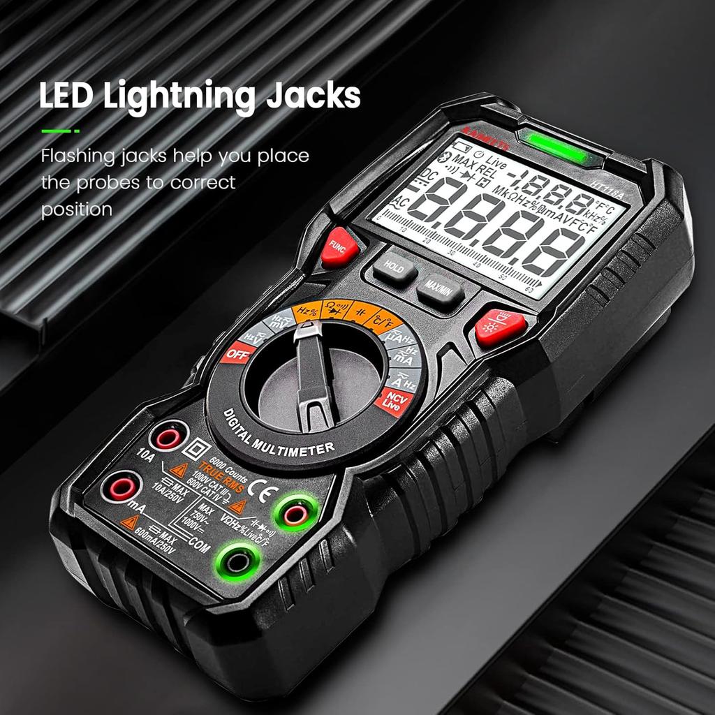 Digital Multimeter TRMS 6000 Counts Auto-Ranging Voltage Current Resistance Capacitance Temperature for Automotive