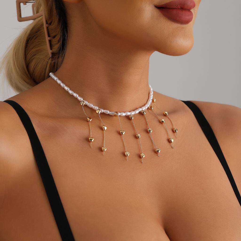 Accessories Baroque Imitation Pearl Long Fringed Collarbone Chain Pentagram Love Necklace Female
