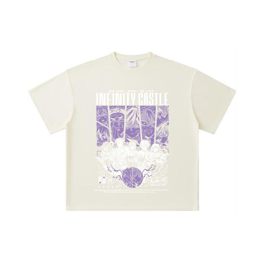 260 GSM Double Yarn 32 Count 100% Cotton Demon Slayer V90 Infinity Castle Print Unisex Heavy Cotton T Shirt