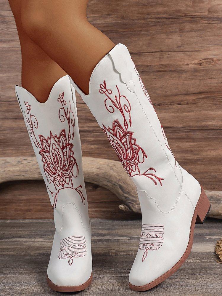 

Большие размеры вышитые высокие сапоги-трубы, но до колена, модные сапоги 2024 года, осень-зима, новые женские сапоги с квадратным каблуком и круглой головкой, temu 36 белый