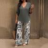 Women's V-Neck Mid Sleeve Top and Printed Wide Leg Pants Set