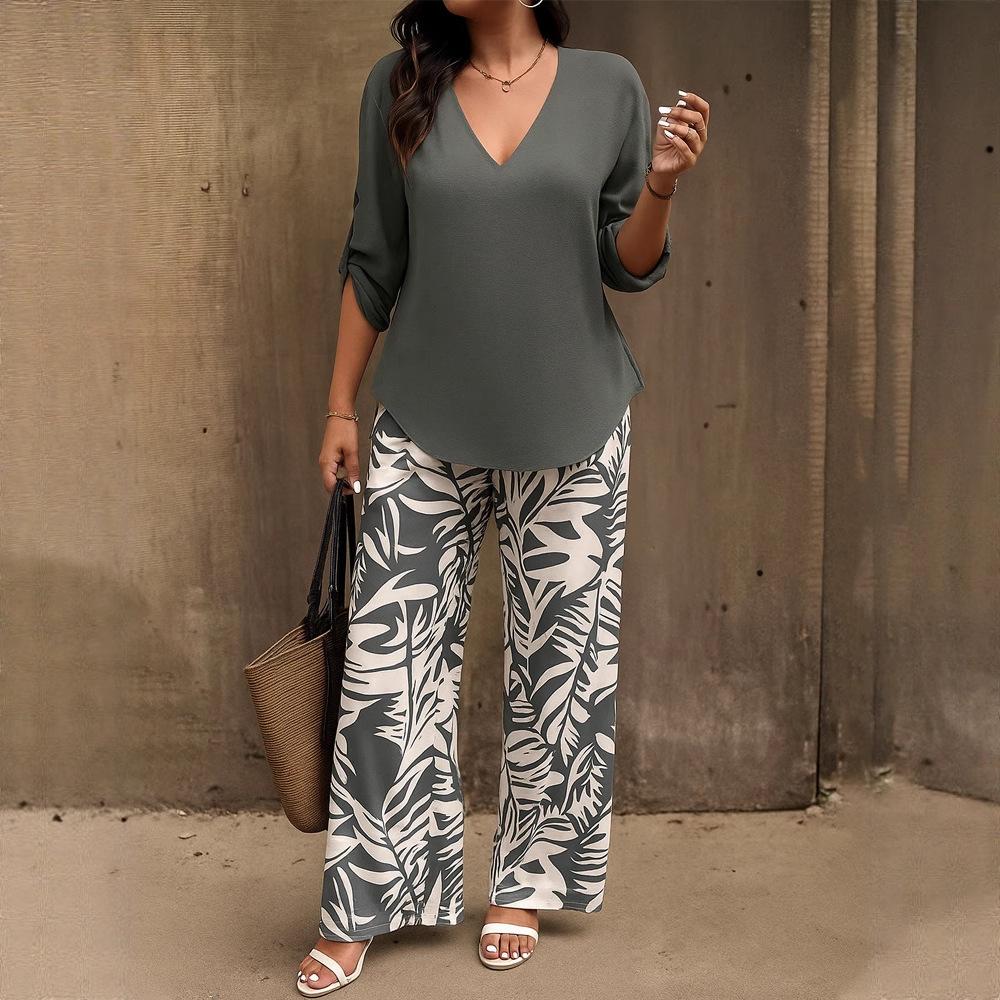 Women's V-Neck Mid Sleeve Top and Printed Wide Leg Pants Set