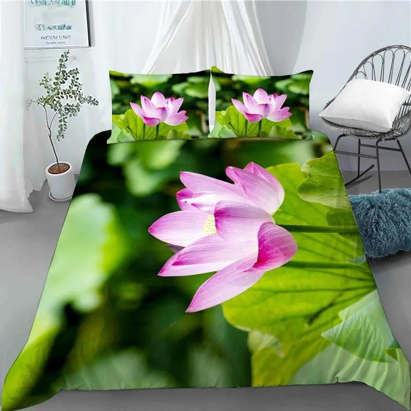 3D Lotus Flower Painting Duvet Cover Polyester Quilt Cover with Pillowcases King Queen Size for Kids Teen Adults Bed Decor Gifts